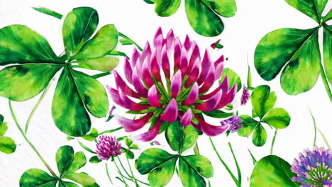 vibrant clovers and purple flowers on white background