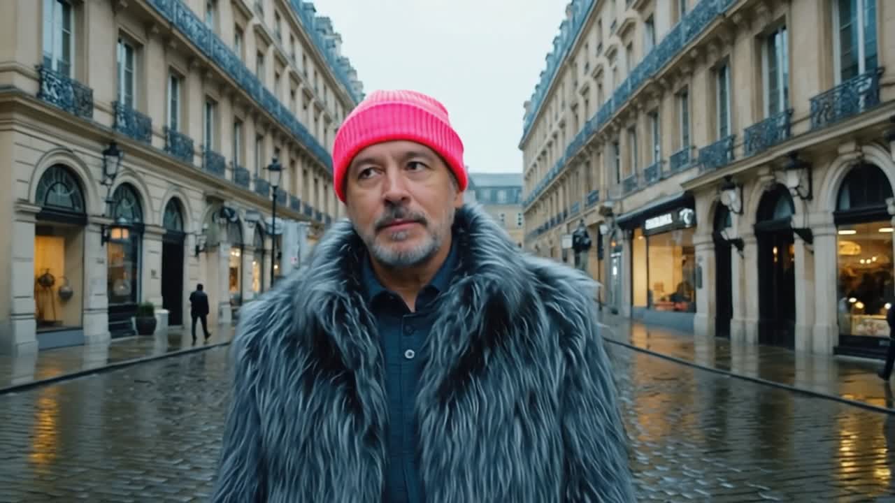 Fashionable mature man wearing a pink wool hat and a fur coat walking on a rainy city street, showcasing his unique style and confidence amidst the urban backdrop
