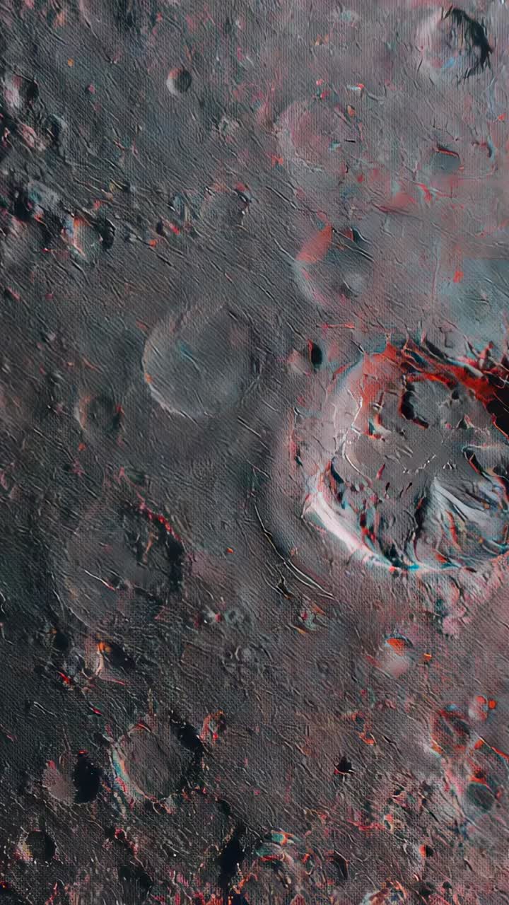 Vertical video: Panning orbital camera over Moon plains, revealing main crater and red-cyan fringes