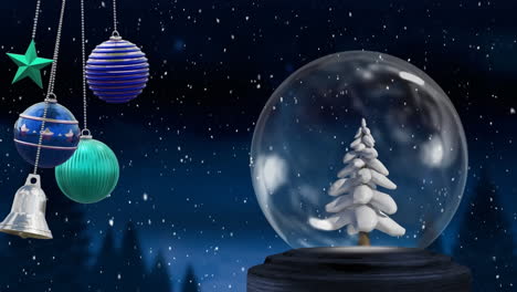 Animación-De-Adornos-Navideños-Sobre-Un-Globo-De-Nieve-Navideño-Y-Nieve-Cayendo-Sobre-Fondo-Azul.