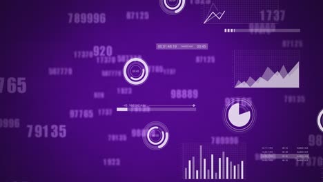 Animation of statistical data processing and changing numbers against purple background
