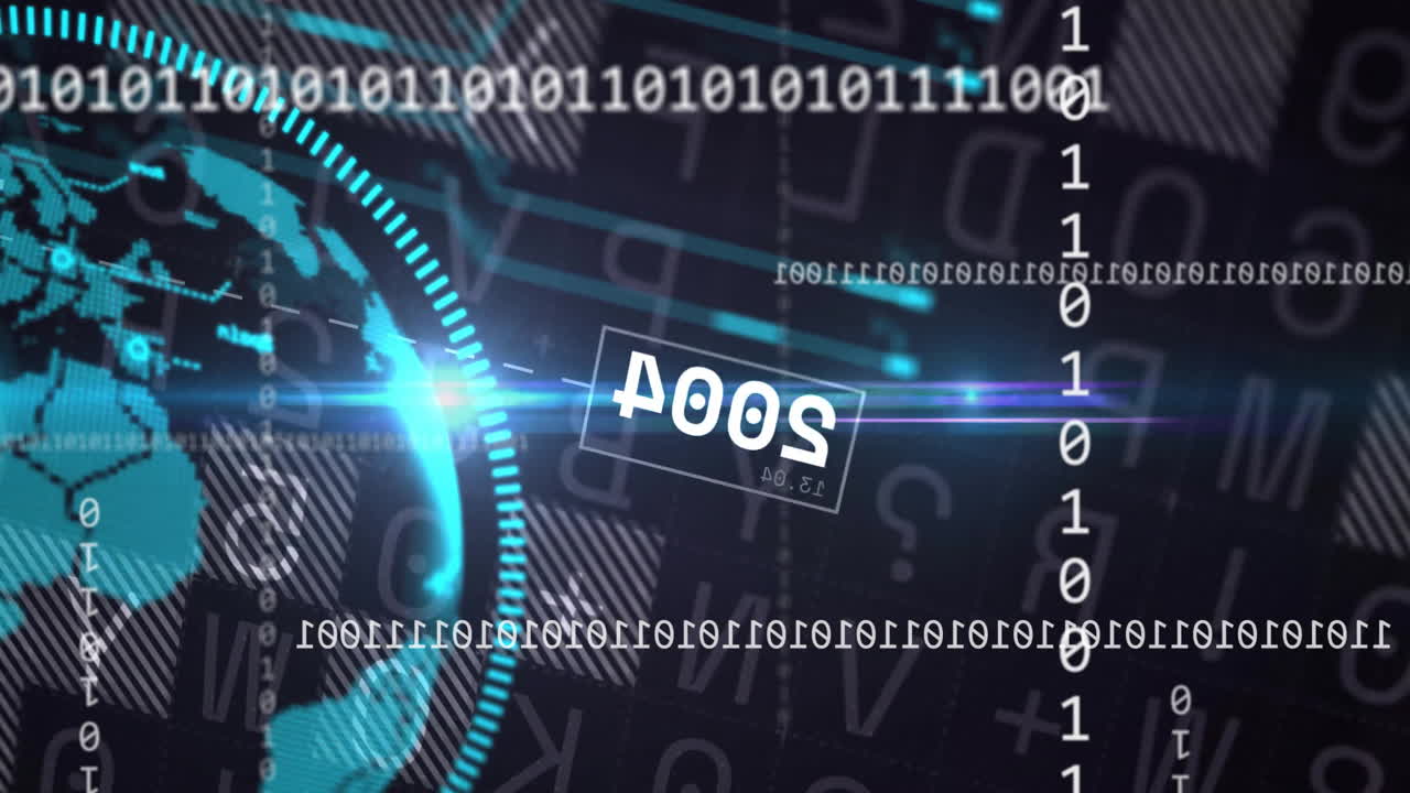 Digital code and numbers animating on technology-themed background in school setting