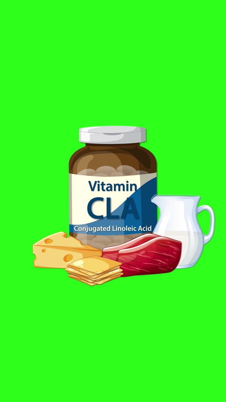 Appare una bottiglia di Vitamina CLA, poi icone di formaggio, carne e latte si animano su sfondo verde.