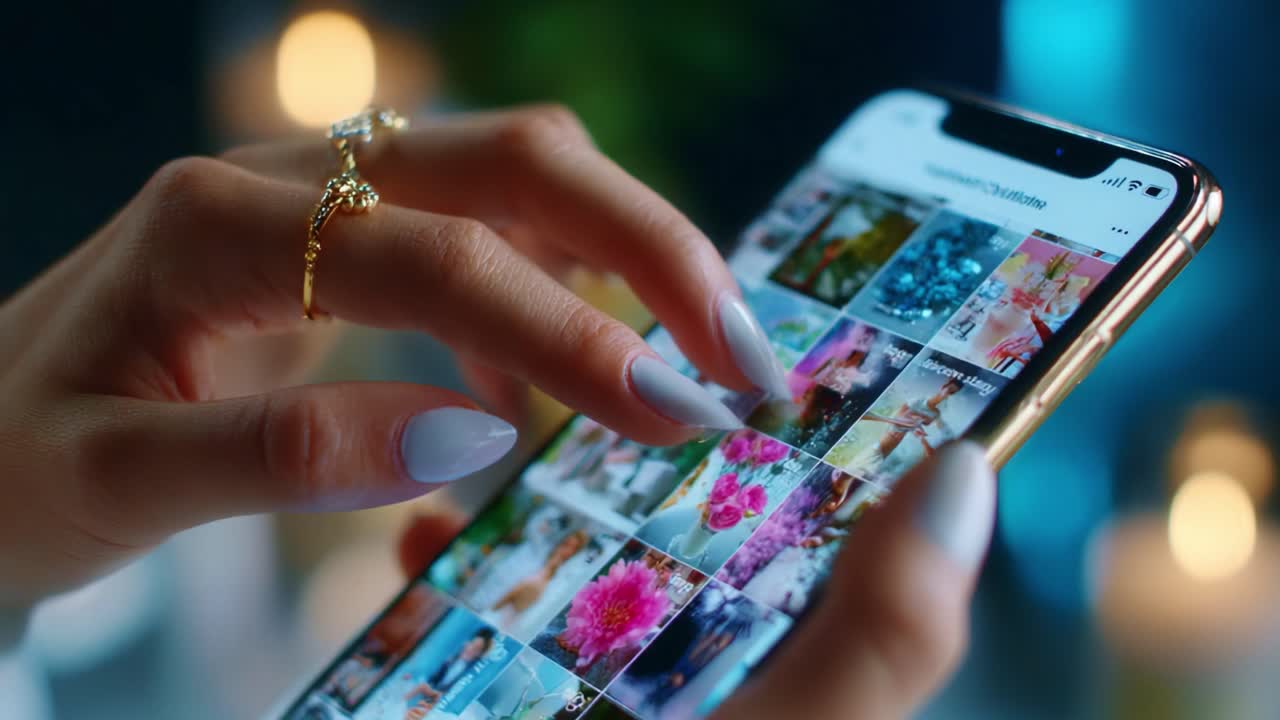 A Close-Up of a Person's Hand Using a Smartphone to Browse Through Visually Engaging Images, Featuring Colorful Photos and Intricate Nail Art in a Cozy Setting