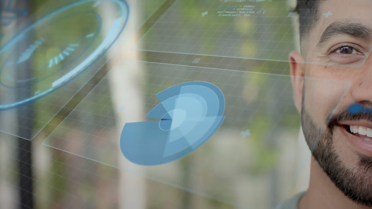 Adult male blinking and smiling as holographic UI activating ring showing cheek nodes for tech demo