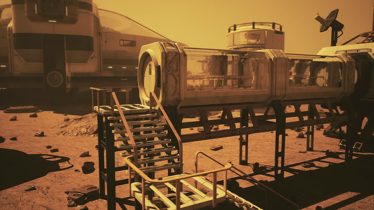 Futuristic habitat structure on mars with stairway and rocky terrain