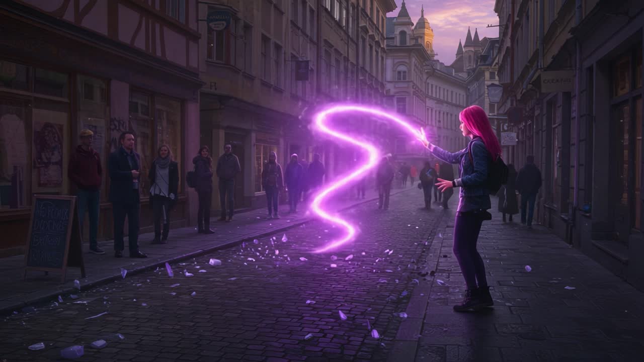 An Enchanting Scene of a Young Sorceress Casting Magic in a Mystical Alley, Surrounded by Curious Onlookers and the Fading Light of Dusk