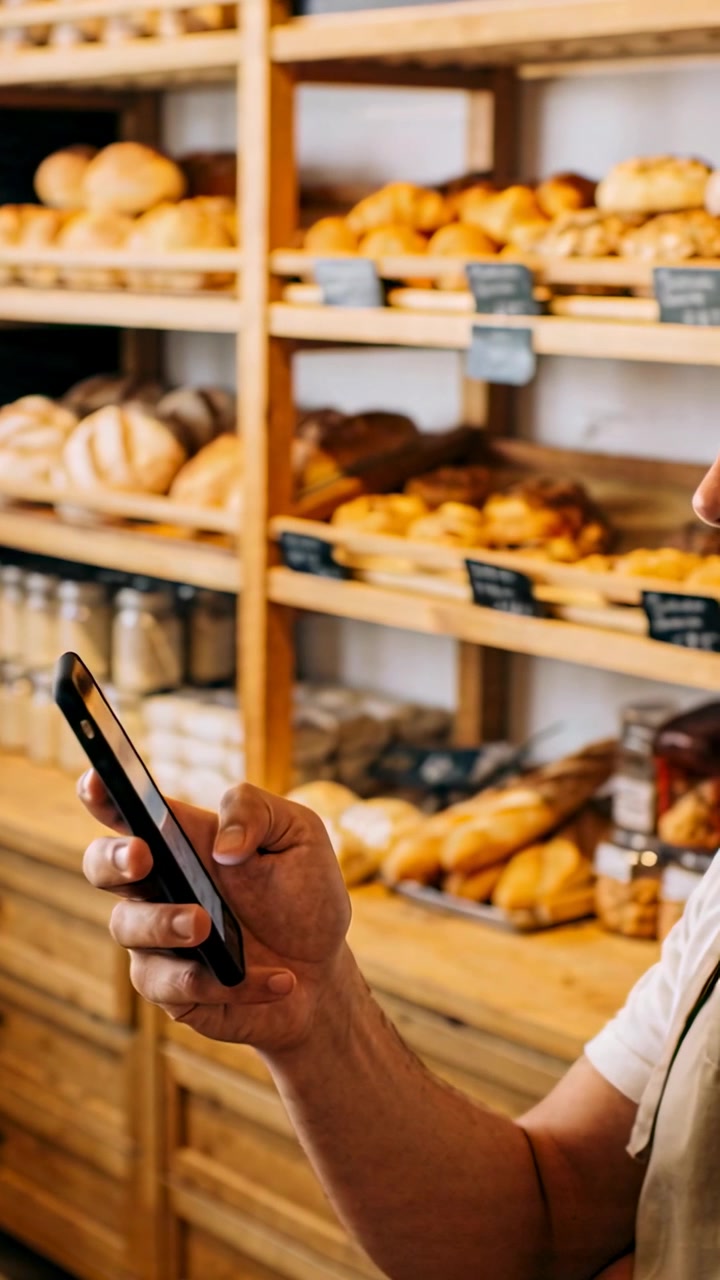Vertical video: Tapping baker wearing apron, checking stock on phone at bakery shelves, copy space