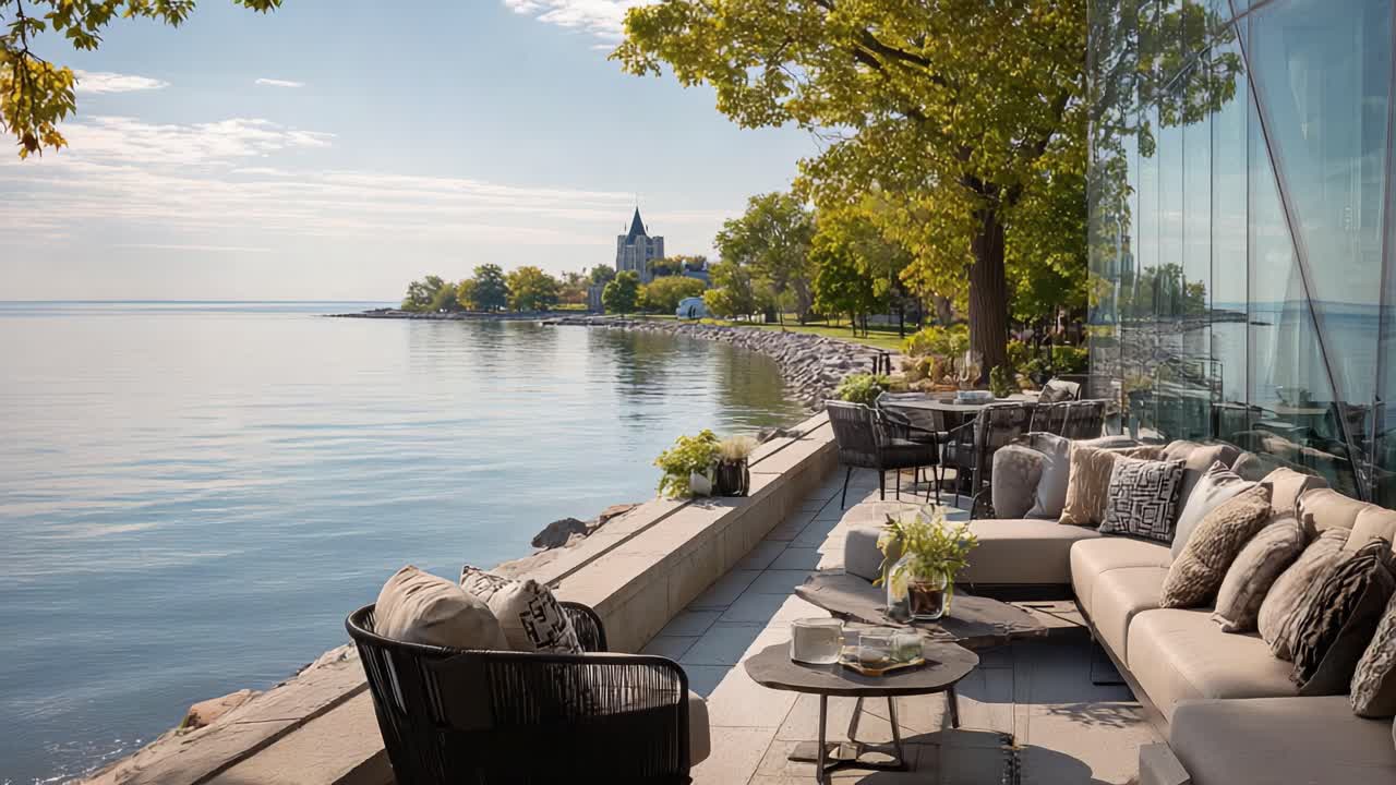 Vista Mozzafiato sul Lungomare: Una lounge esterna serena affacciata su un lago tranquillo, circondata da natura e design moderno, perfetta per il relax e gli incontri
