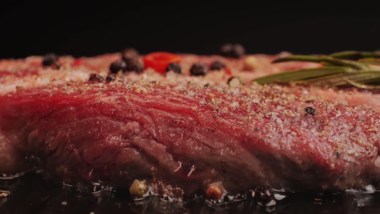 Close-up of seasoned steak cooking in a pan
