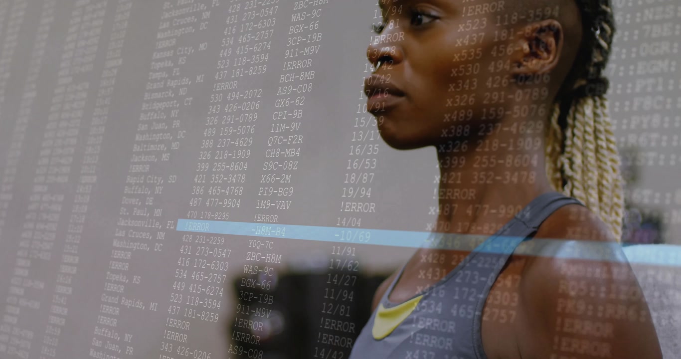 Gripping dumbbells, curling weights, female athlete lifting in gym while streaming analytics