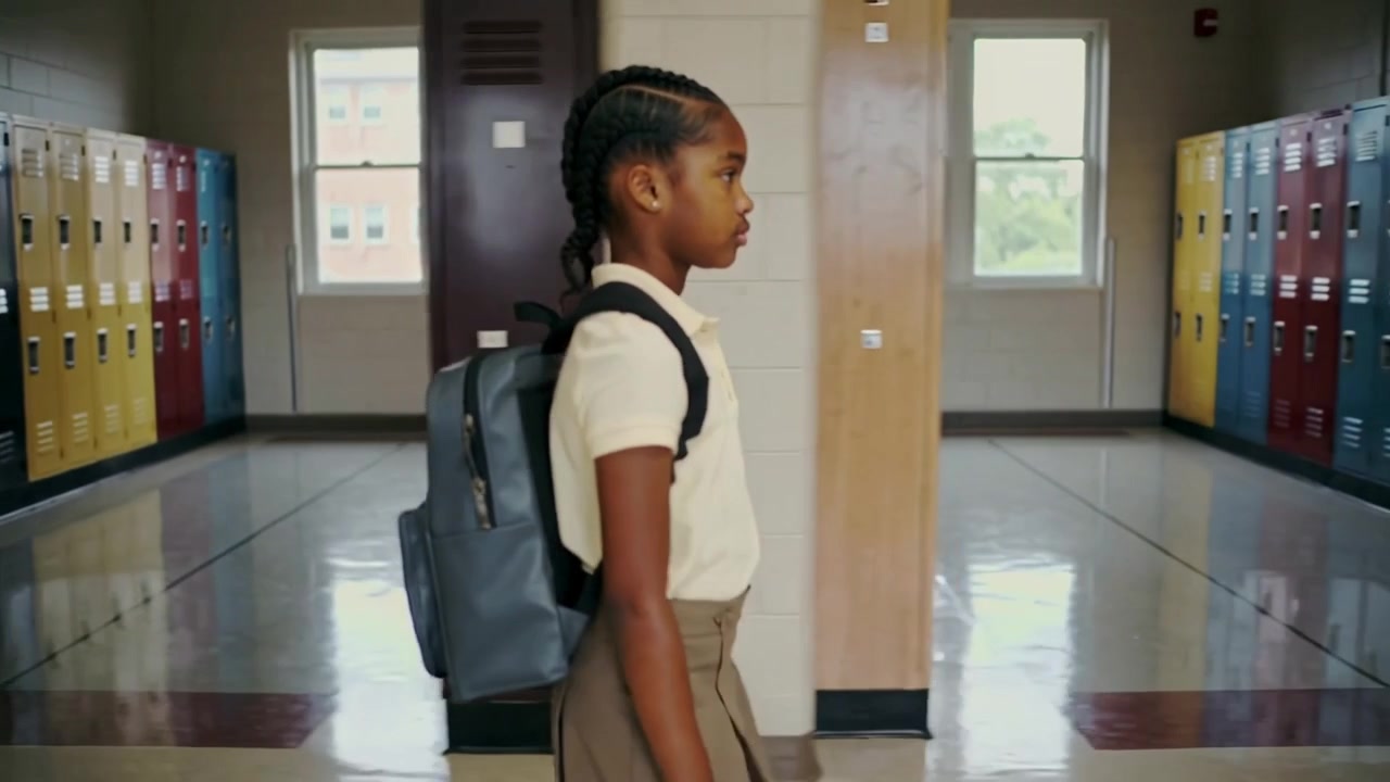 Appearing left, pupil in uniform walking down hallway toward windows with backpack passing lockers