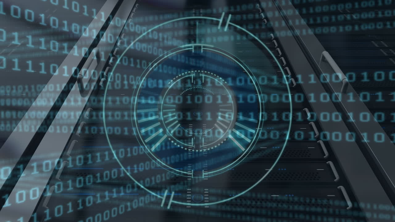 Animation of data processing and clock over server room