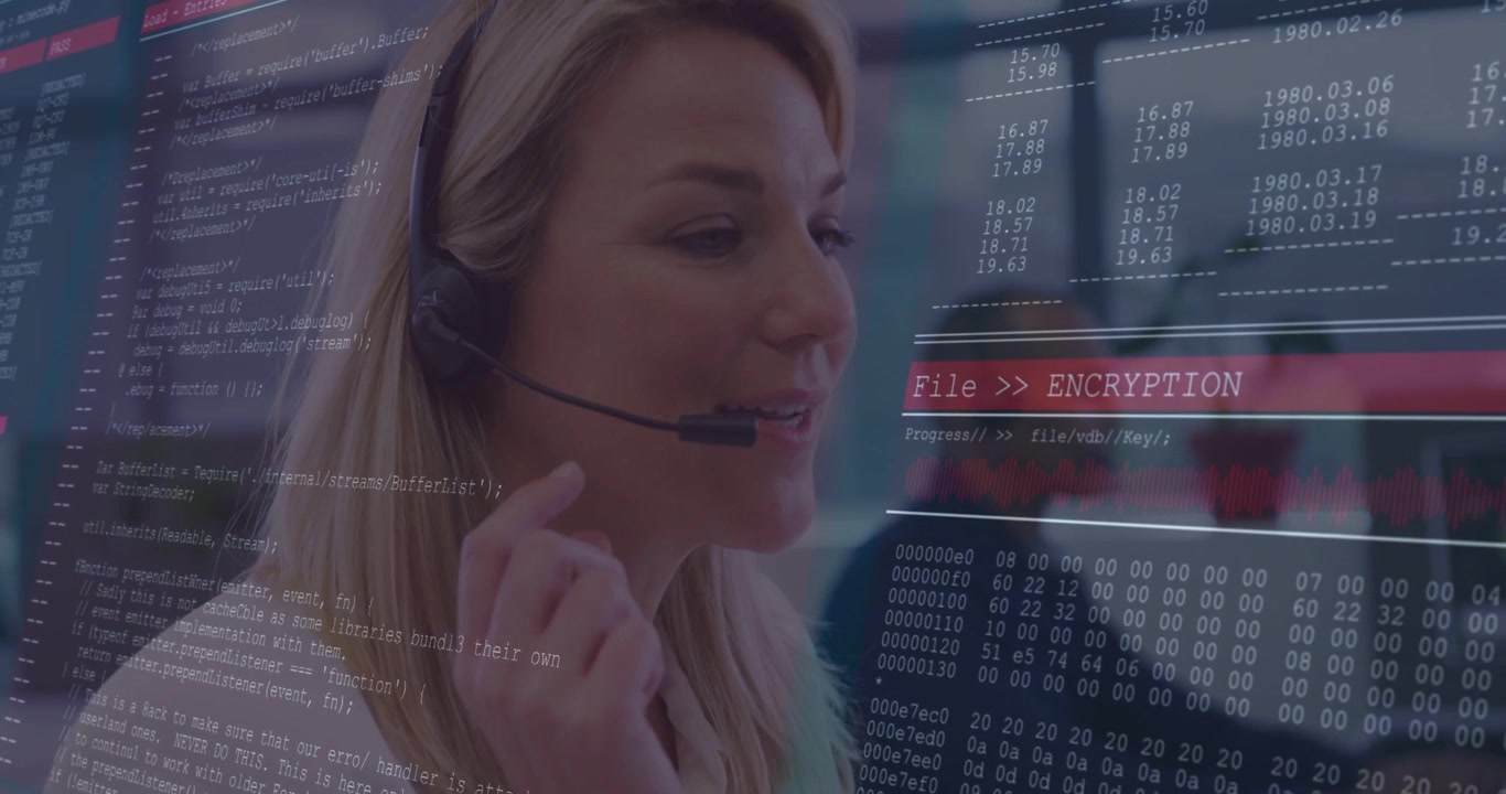 Support call starting, agent speaking into headset while code or hex and FileENCRYPTION intensifying