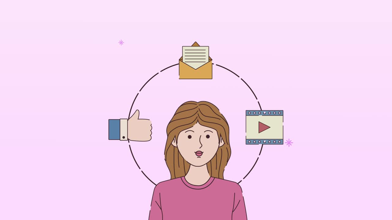 animación de trabajo digital con mujer e íconos