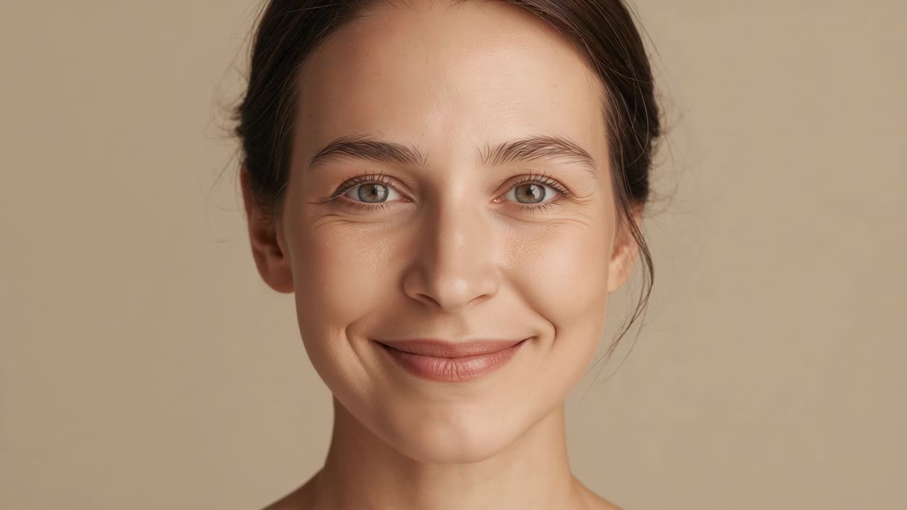 Telecamera in azione, una donna trasforma un sorriso accennato in un ampio sorriso aperto in uno studio con sfondo beige
