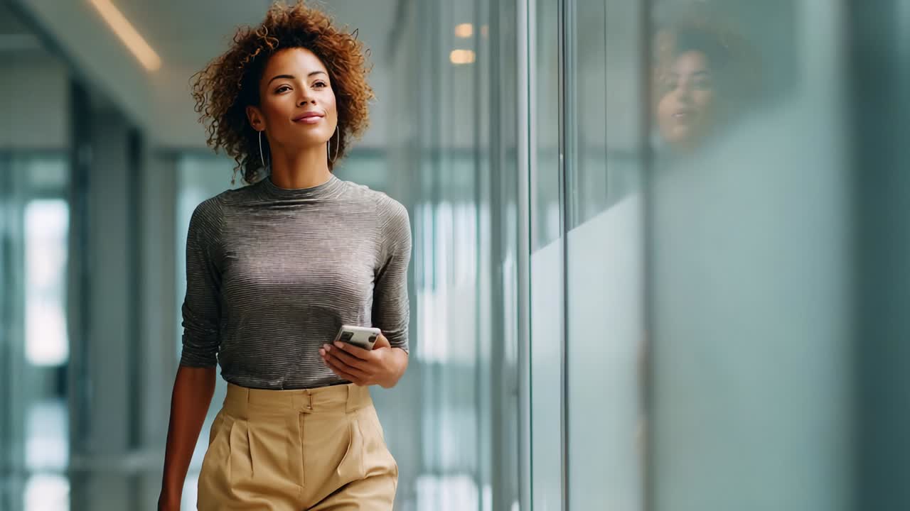 Confident and Stylish Woman Walking Through Modern Office Space While Using Smartphone, Showcasing Professionalism and Trendy Fashion in Dynamic Work Environment