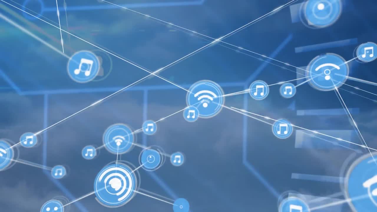 animación de una red de iconos digitales sobre nubes en el cielo azul
