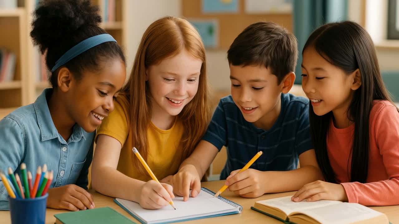 A diverse group of children smiling and collaborating on a project at a table