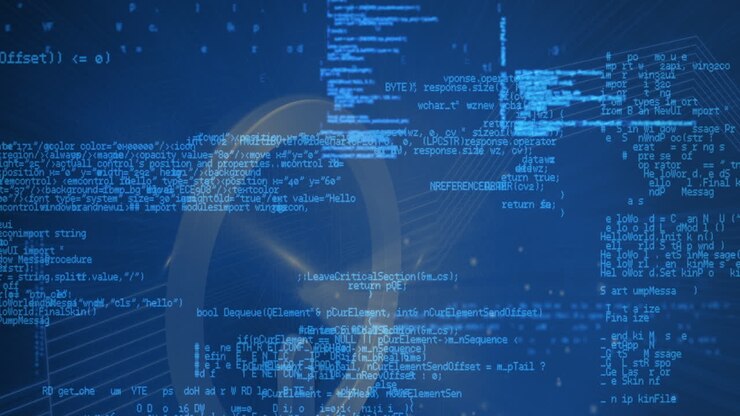 Animation of data processing and start button on blue background
