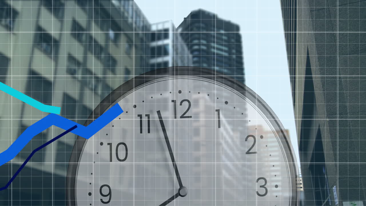 animación del procesamiento de datos financieros sobre el reloj y la ciudad