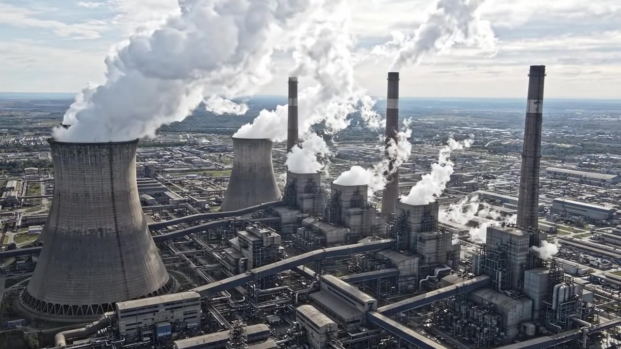 Vista aerea di una centrale elettrica industriale con torri di raffreddamento ed emissioni, che mostra l'infrastruttura e le operazioni di produzione di energia in un paesaggio urbano.