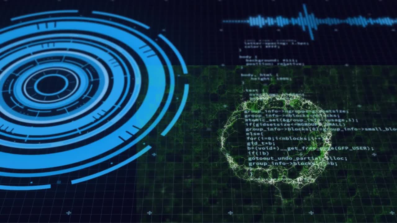 cerebro humano girando contra el escáner redondo y el procesamiento de datos en fondo azul
