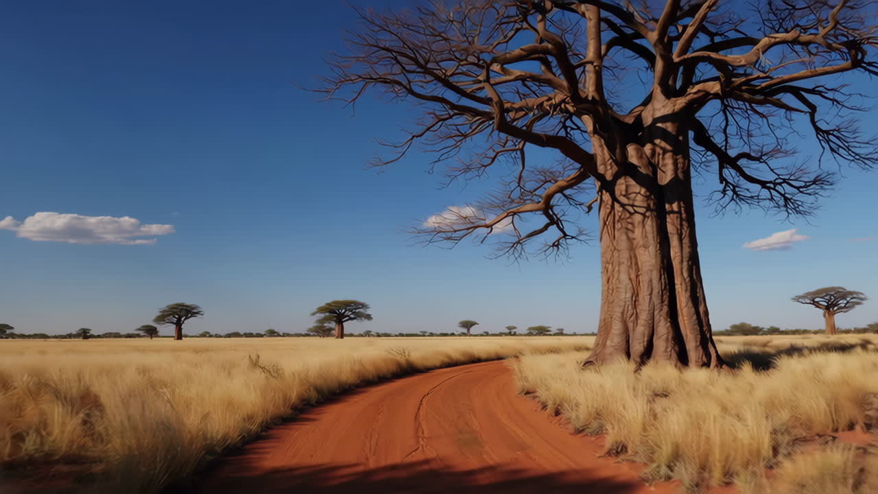 African Savanna Landscape with Baobab Trees and Dirt Road
