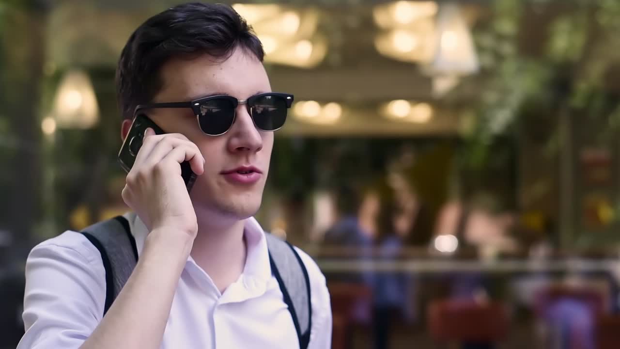 Caucasian man in white shirt and sunglasses talking on the phone. Sunny day