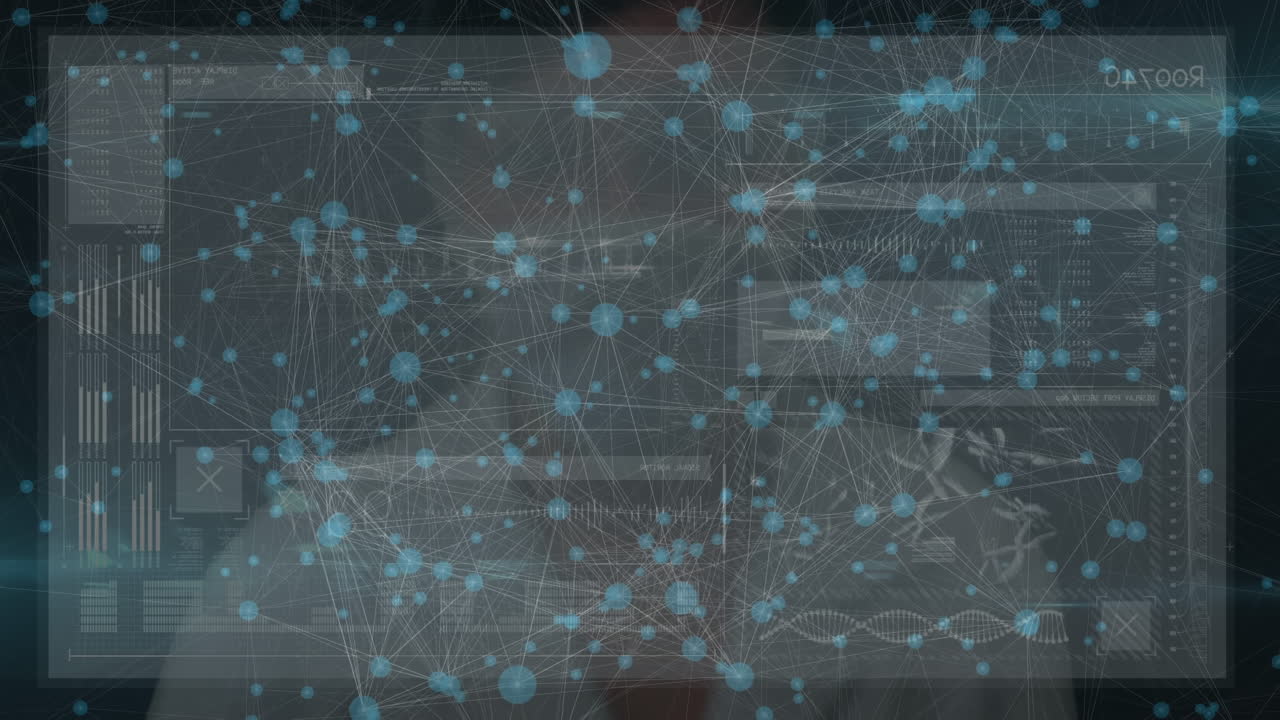 Animation of network of connections and diverse data over woman touching screen