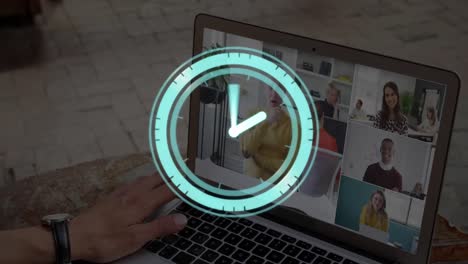 animation of moving clock over caucasian businessman having laptop video call with colleagues