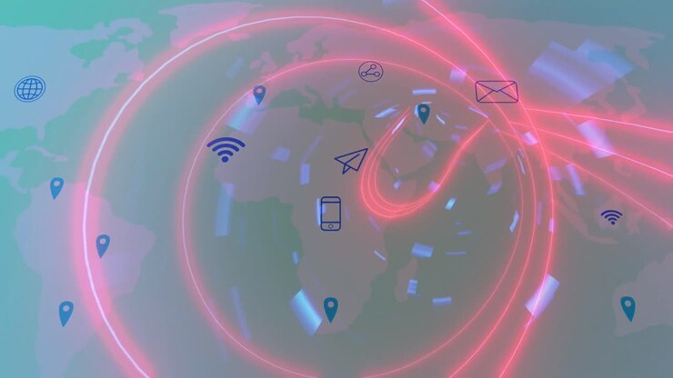 Animation af databehandling og digital tunnel over medieikoner