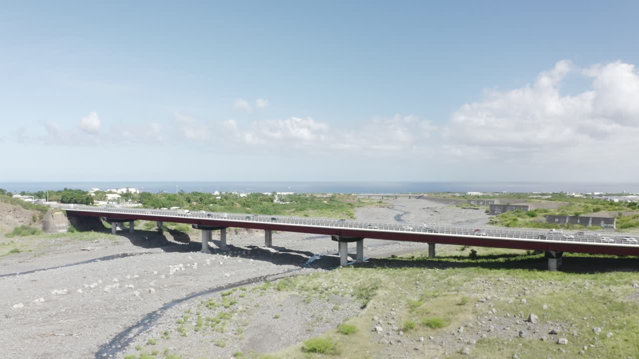 Aerial view of a bridge on Reunion Island, France on a sunny day