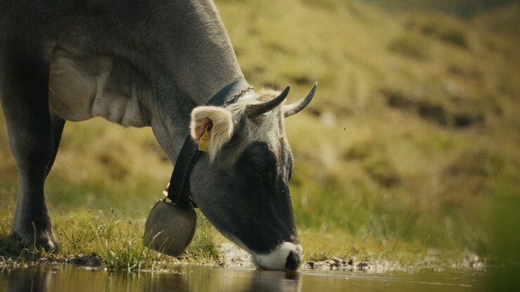 Mucca che beve acqua in un prato.