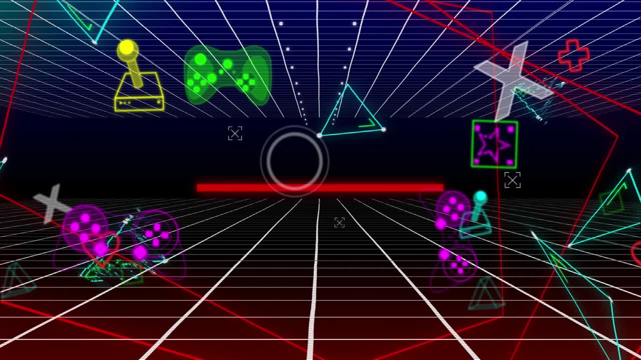 Animazione di diversi gadget da gaming al neon che si muovono su uno spazio digitale