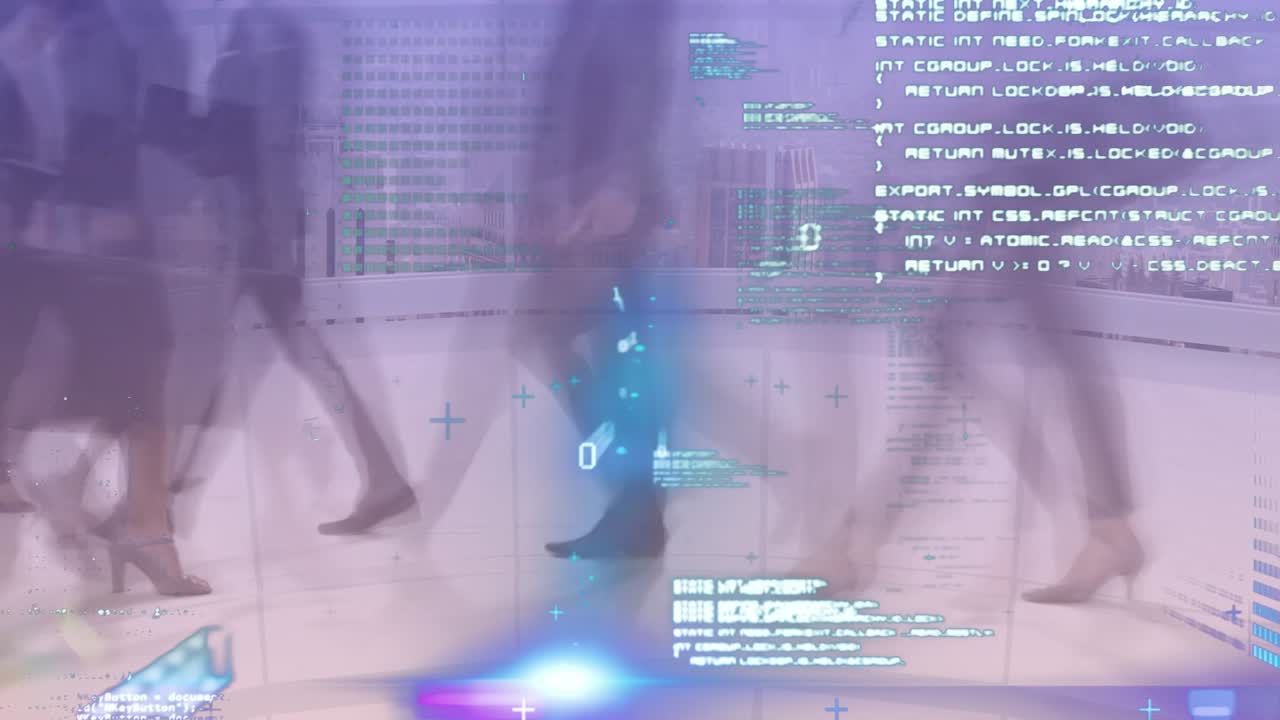 Animation of data processing over business people walking