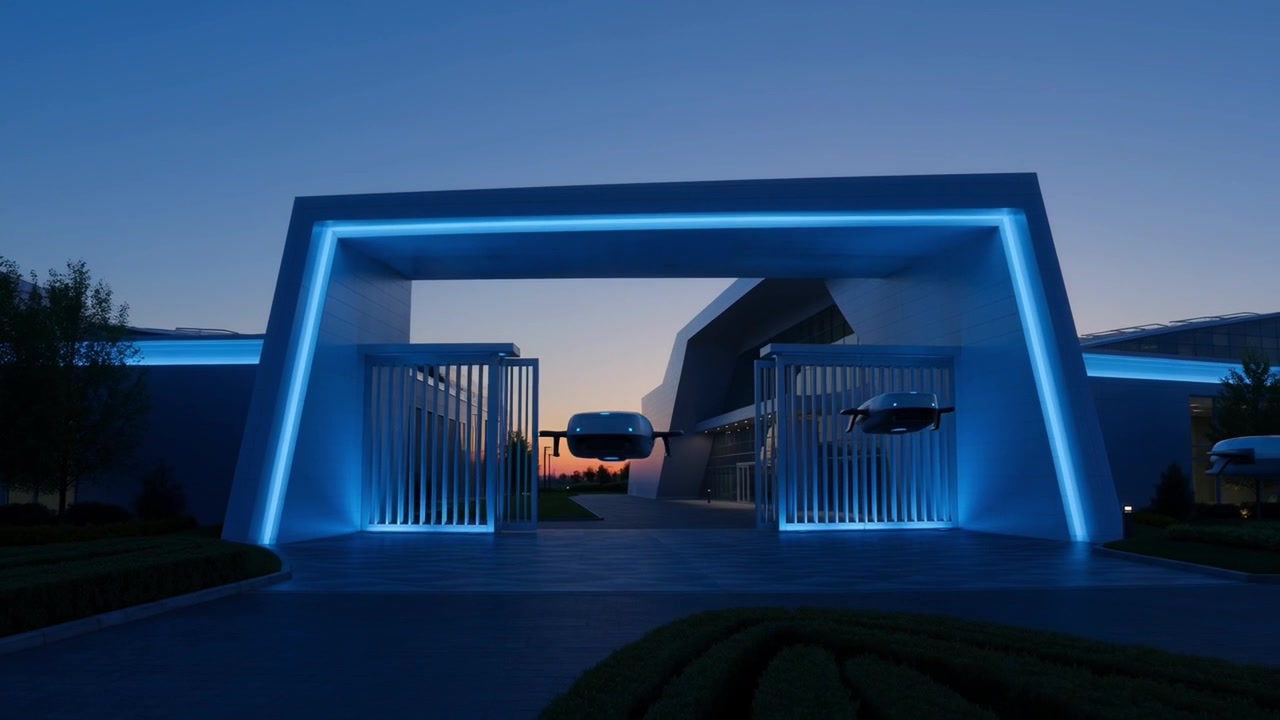 Ingresso di un edificio futuristico con luci al neon blu e veicoli volanti