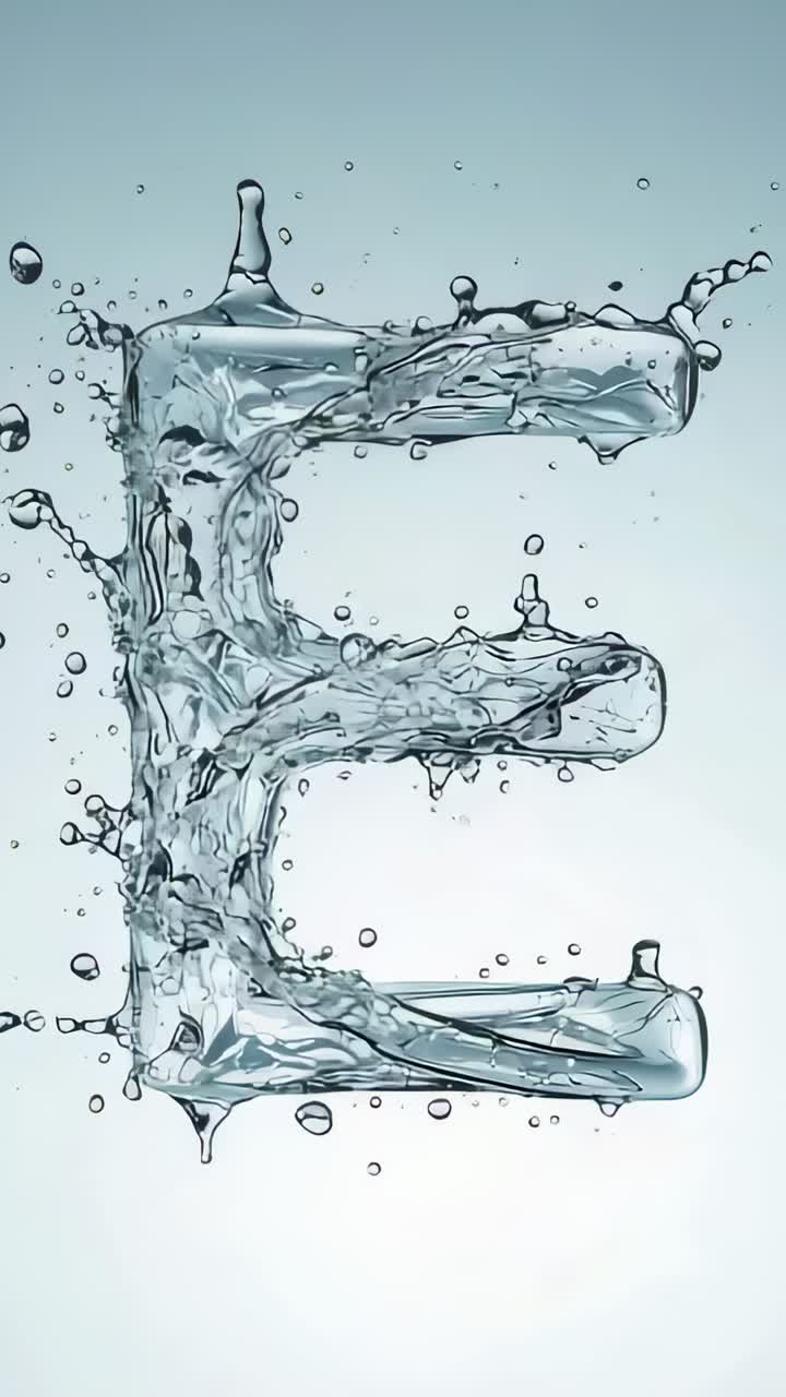 Vertical video: Splashing droplets forming letter E sculpture on grey-blue backdrop with bubbles
