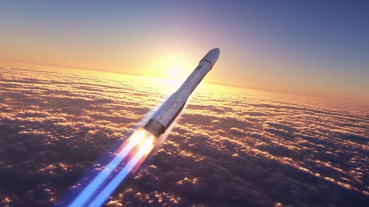 Powerful Rocket Launching into Space Above Golden Clouds at Sunset