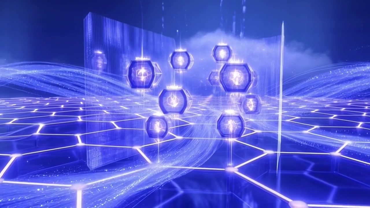Abstract Digital Network with Floating Hexagonal Data Nodes