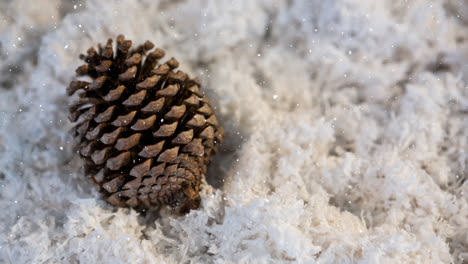 Snow-falling-over-pine-cone-on-snow-on-wooden-surface