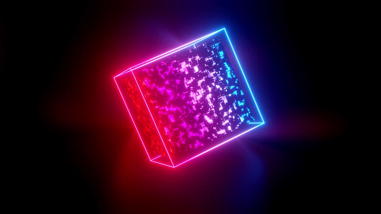 cubo de neón giratorio. fondo de animación en bucle 4k con brillo de neón, gradiente de luz azul rojo magenta. figura de marco luminoso 3d gira suavemente en la oscuridad en ciclo.