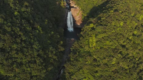 Vista-Aérea-De-La-Cascada-Ohko-Al-Atardecer-En-Yakushima,-Japón