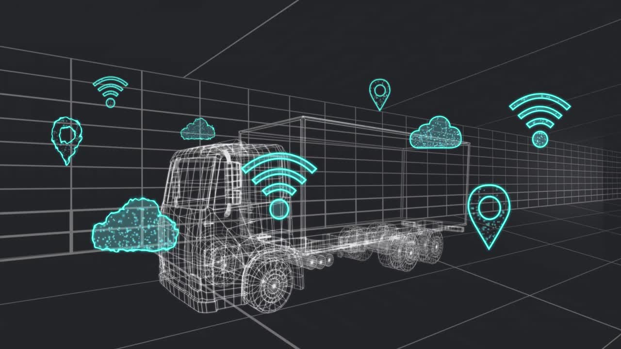animación de múltiples iconos digitales sobre un modelo de furgoneta 3d que se mueve en un patrón sin costuras en un túnel