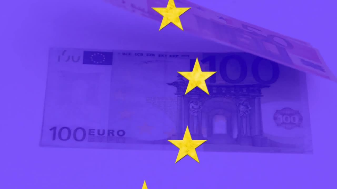 유로 지폐 위에 회전하는 노란색 별들