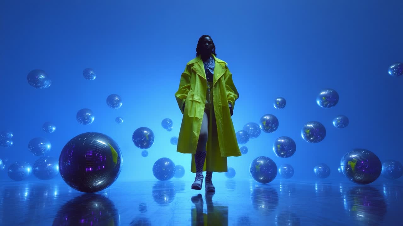 A striking figure draped in a vibrant yellow trench coat strides confidently into a captivating, surreal environment filled with shimmering spheres and a captivating blue ambiance that enchants the viewer's imagination