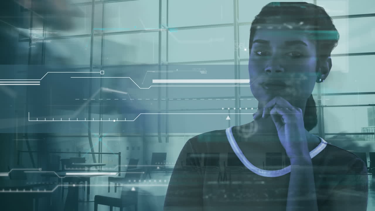 Animation of digital interface and data processing over businesswoman