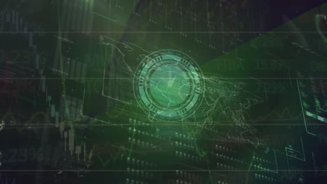 animación de reloj de neón contra la interfaz con procesamiento de datos contra fondo verde.
