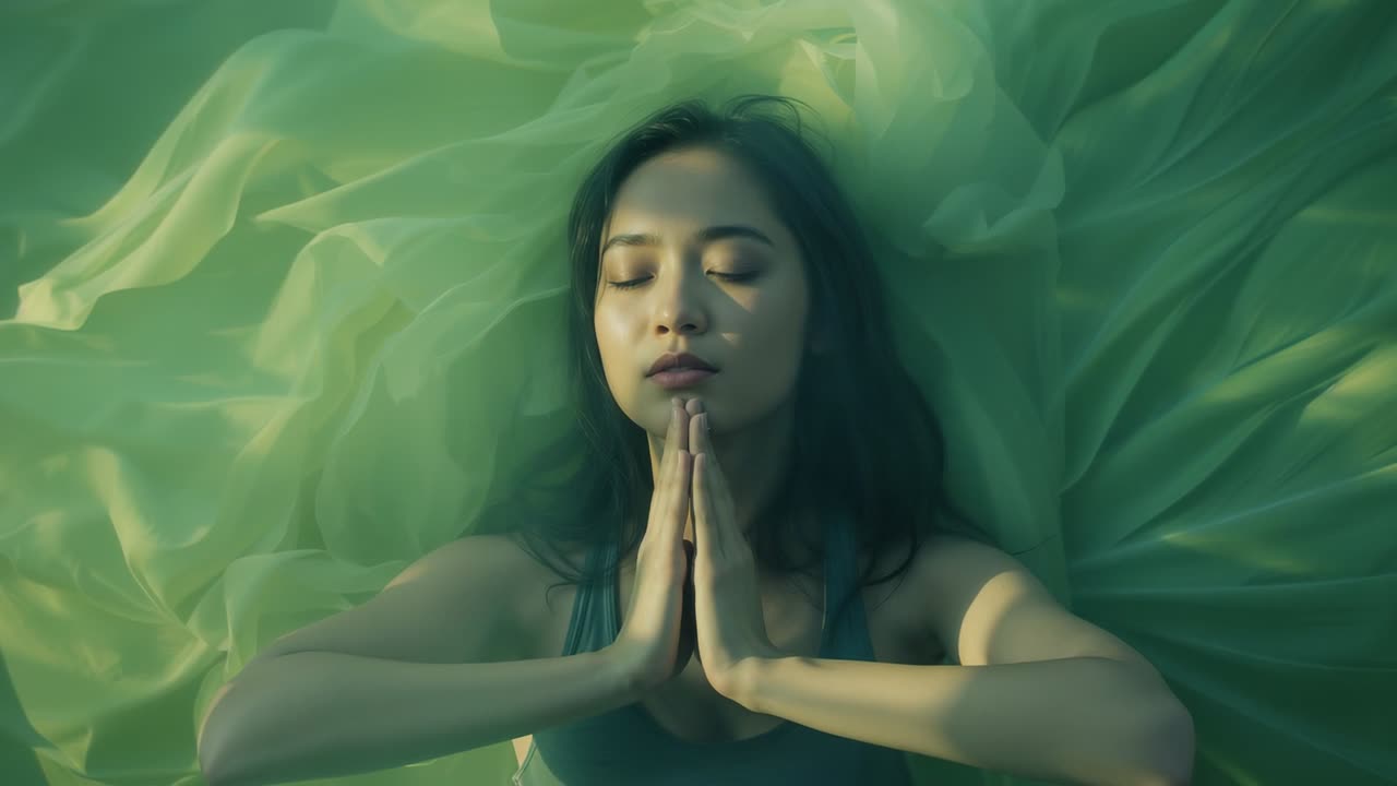 Lying Asian woman meditating on green fabric in studio, breeze causing sheer cloth rippling around