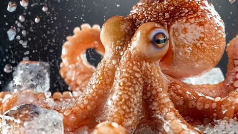 an octopus is sitting on top of ice in the water